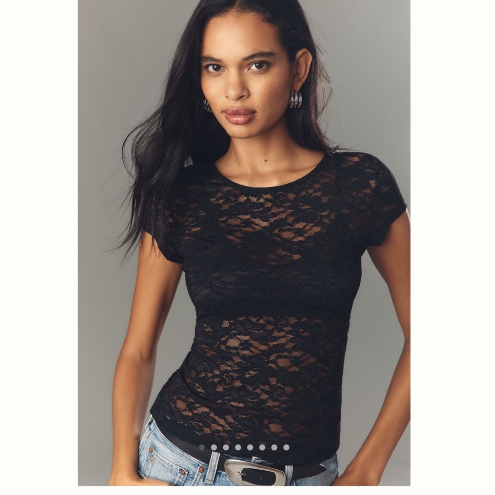 By Anthropologie Short-Sleeve Crew-Neck Lace Top